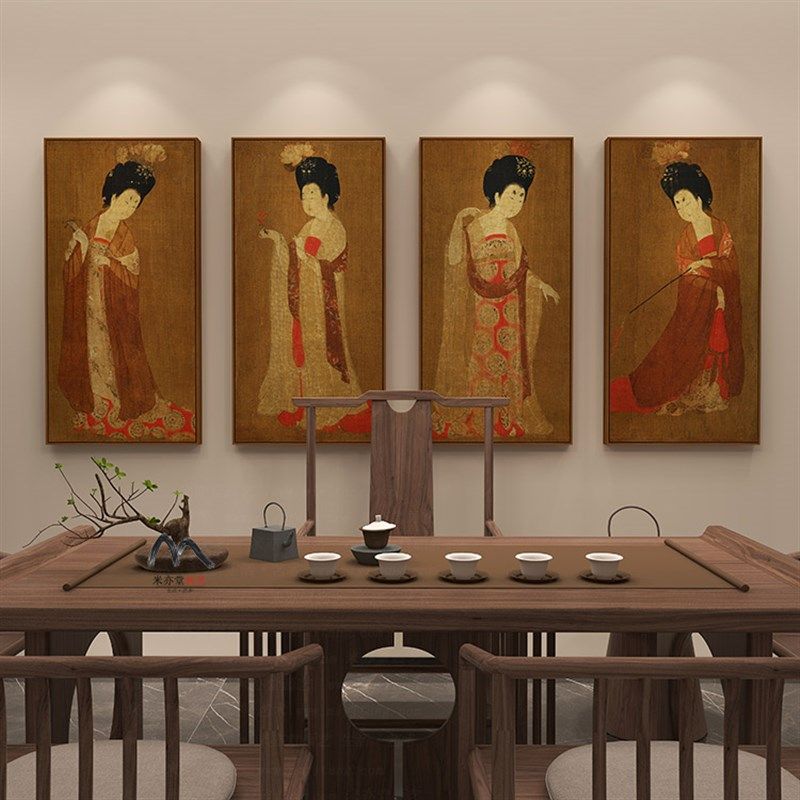 网红簪花仕女图物新中式古代人国画客厅茶室会玄所关装饰挂画