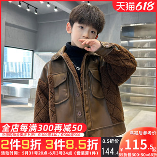 男童皮衣外套秋冬装新款加绒加厚冬季2023儿童拼接加厚夹克中大童