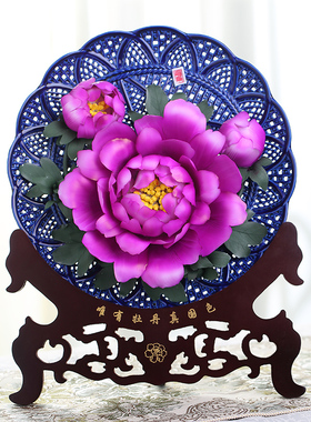 洛阳牡丹瓷盘11寸精致木盒家居客厅装饰品博古架酒柜摆件结婚礼物