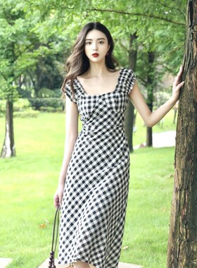 JUJU定制法式复古口袋裙子黑白格子显瘦女装连衣裙女夏季新款2024