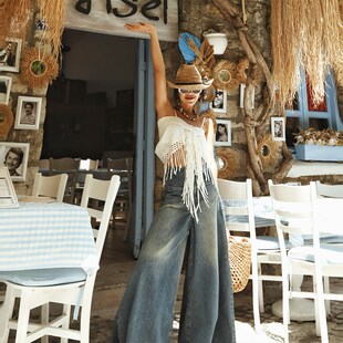 麦叙玛奇朵波西米亚度假风多色镂空针织流苏吊带背心女夏短款