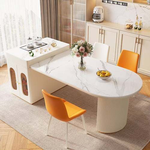 轻奢岩板奶油风岛台餐桌多功能可伸缩储物家用小户型茶桌现代简约