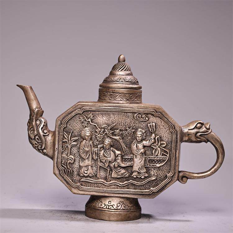 古玩铜壶古风摆件人物图大观园浮雕铜壶铜茶壶高浮雕鎏银酒壶