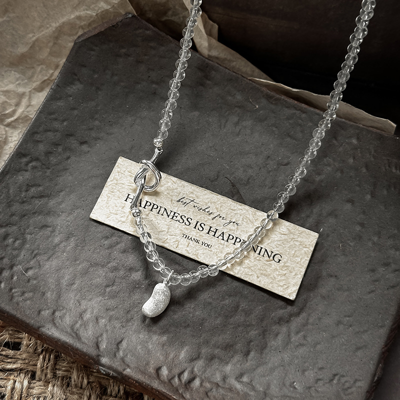 日本品质S925纯银韩版打结拉丝相思豆白水晶项链小众韩系简约复古