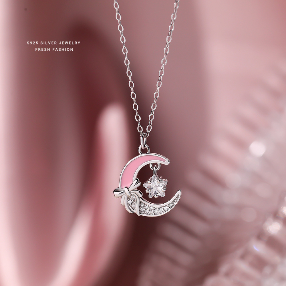 日本品质S925纯银粉色滴胶蝴蝶结星月项链女小众设计感甜美可爱百