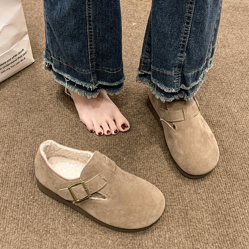 日本品质秋冬2025新款百搭厚底勃肯复古单鞋脚蹬加绒显瘦鞋子女勃