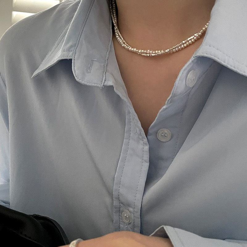 日本品质媛优双层淡水巴洛克珍珠麻花S925纯银碎银几两锁骨链项链