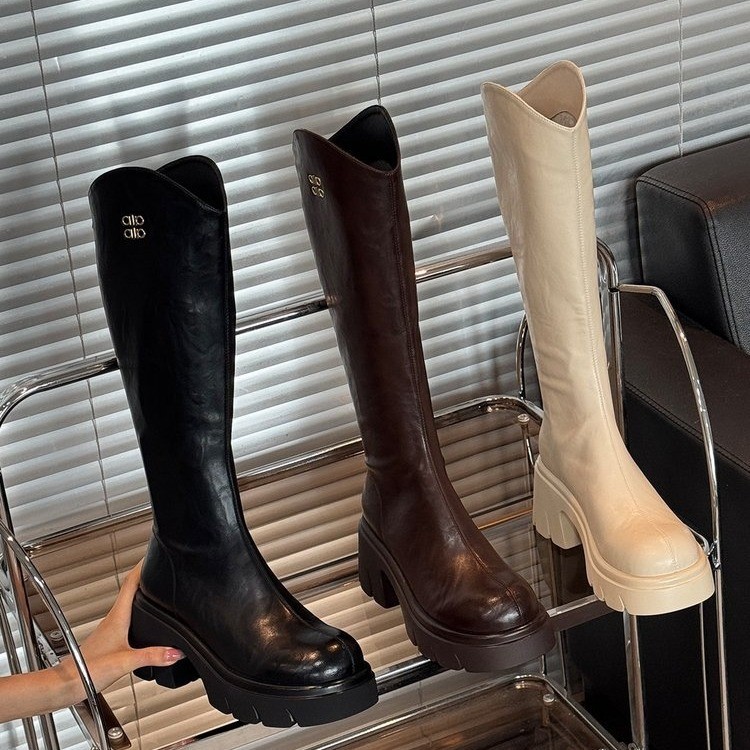 日本品质2025新款厚底V口长筒骑士靴女新款加绒棉鞋瘦瘦靴高筒长