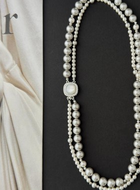 日本品质极光混彩色珍珠方形宝石双层多种戴法叠戴项链女轻奢高级