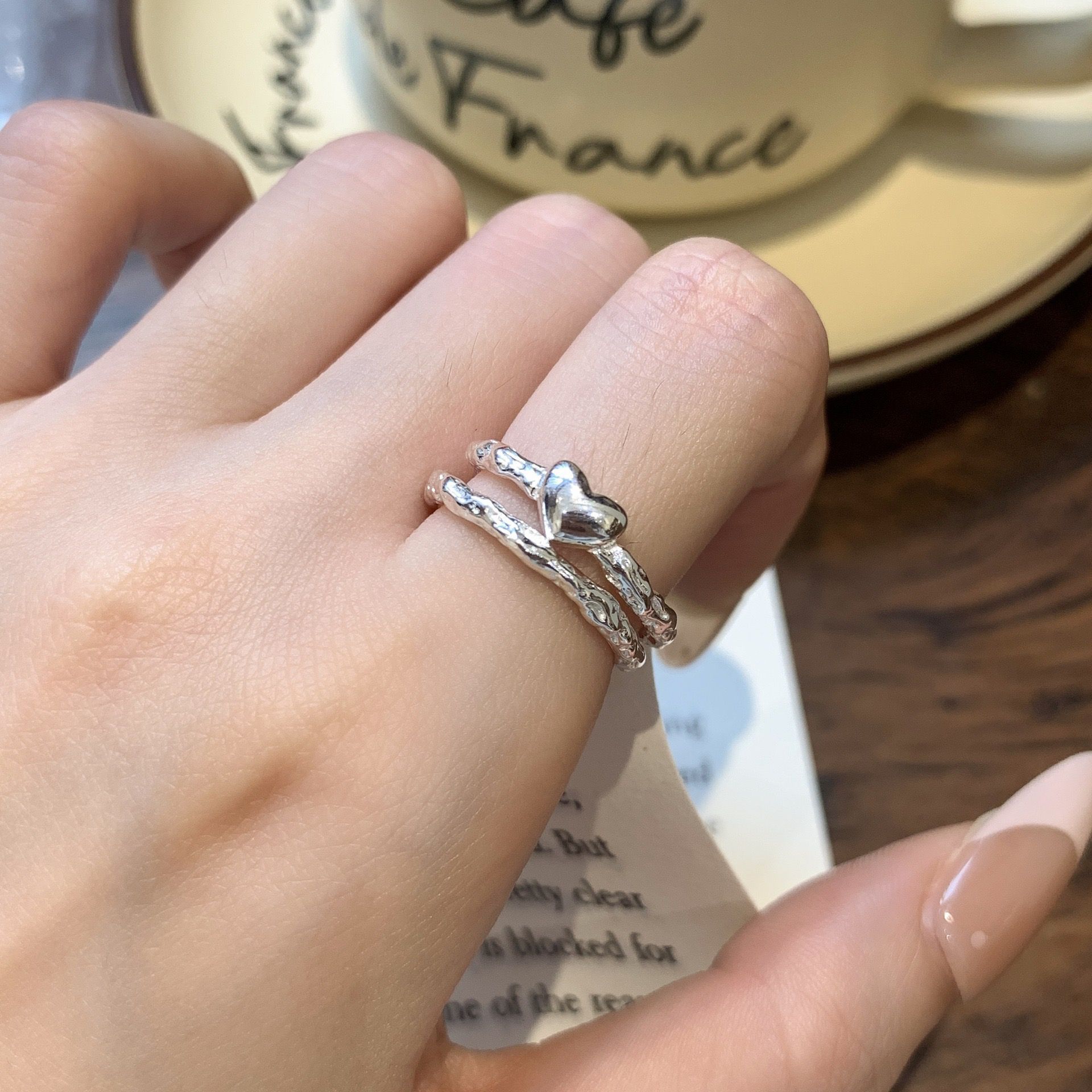 日本品质s925纯银糖纸爱心双层戒指女高级设计感冷淡风小众简约食