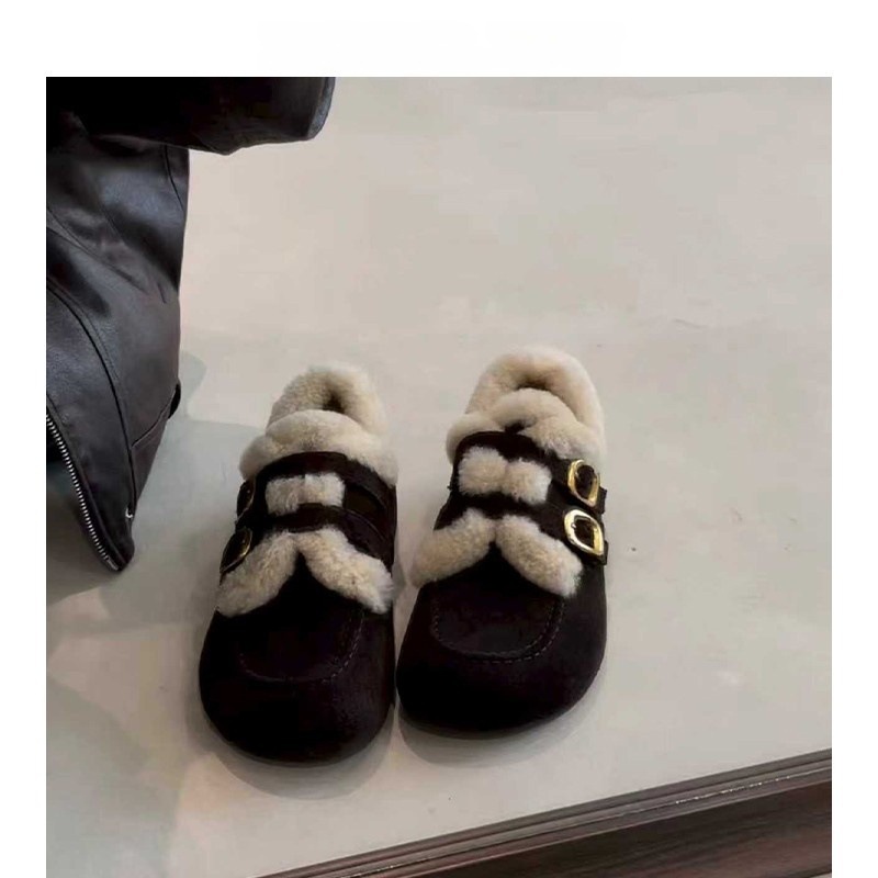 日本品质平底加绒勃肯鞋一脚蹬毛毛鞋女2025新款冬季玛丽珍棉鞋保