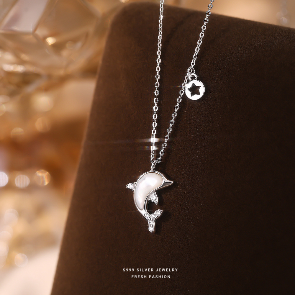 日本品质S999纯银白贝海豚吊坠项链女微镶锆石时尚经典情人节礼物