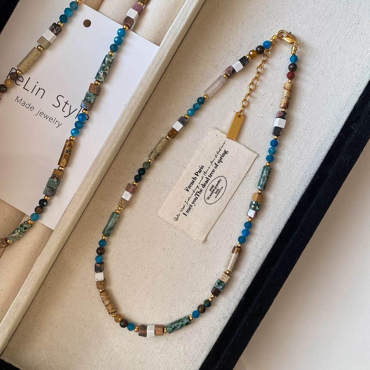 日本品质媛优  天然彩色石头串珠项链多巴胺宝蓝色2025新款轻奢高