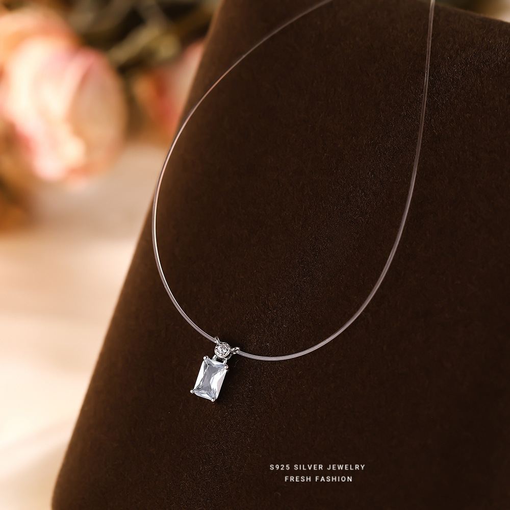 日本品质鱼线系列S925纯银方糖项链女时尚小众设计感简约浅蓝小清