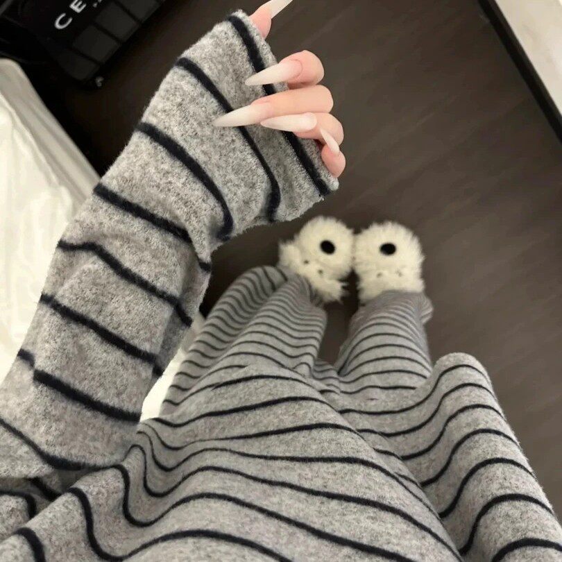 韩系条纹舒适德绒睡衣女款2026