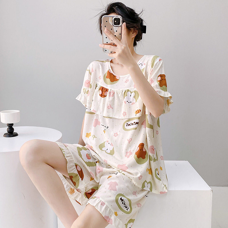 夏季棉绸睡衣女士薄款短袖短裤防