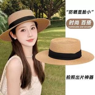 法式 草編禮帽夏海邊度假防曬沙灘太陽帽 平頂遮陽草帽子女2025新款