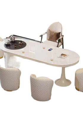 现简约岩板茶桌书桌泡一体两用代奶油风桌办公室洽谈SNA轻奢功夫