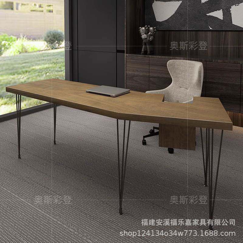 loft实木老板桌办公个性弧FLJ11578形书单人桌办创室意原木电脑桌