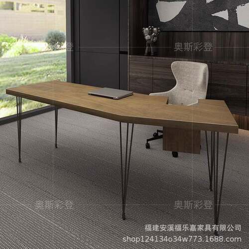 loft实木老板桌办公个性弧FLJ11578形书单人桌办创室意原木电脑桌