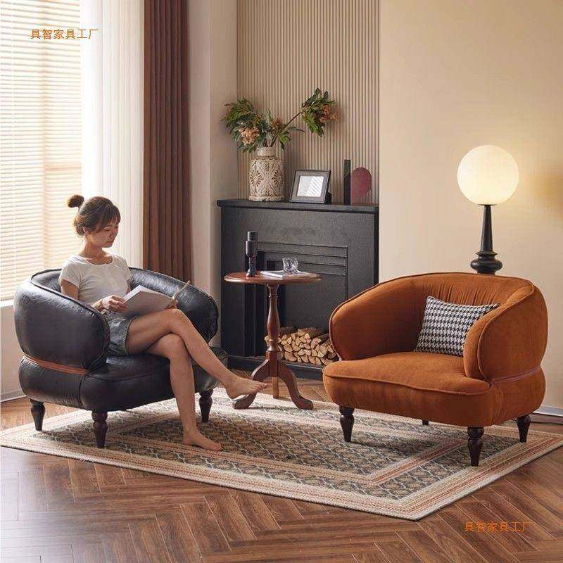 轻复古单人沙发美油蜡皮奢小户型APK极简家式用人阳台客厅接待懒