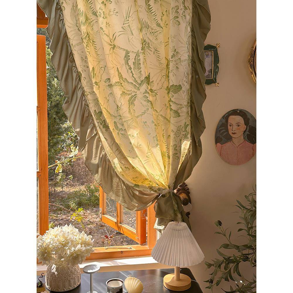 A5L美式复田古窗帘大法式气园风半印帘卧室客F87M6975厅抹茶花边