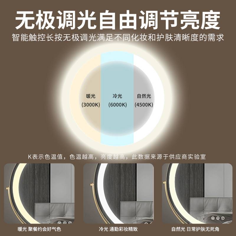 化妆镜带灯led补光梳妆镜卧室梳妆台镜子桌面三色调光镜三色光