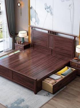乌金木木实床新储中式18m双人床主53018卧婚床1.5m经济型气压高箱
