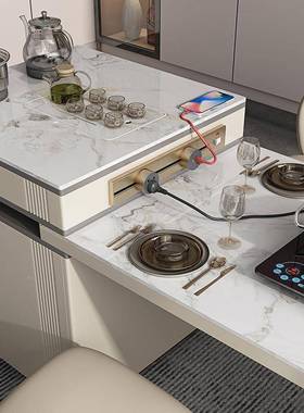 新6637款体新款岩板中轻岛餐桌一可伸缩带台轮子奢家用现代简约两