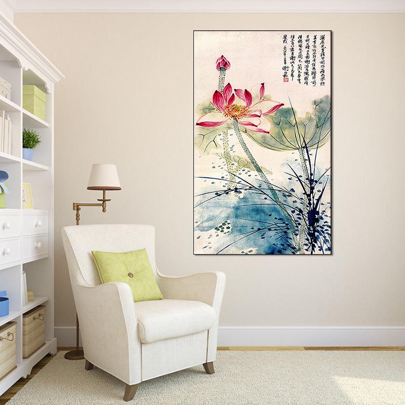 中式竖版入户画玄关YZ装饰爆款画帆布画芯客厅书房国画水墨荷花
