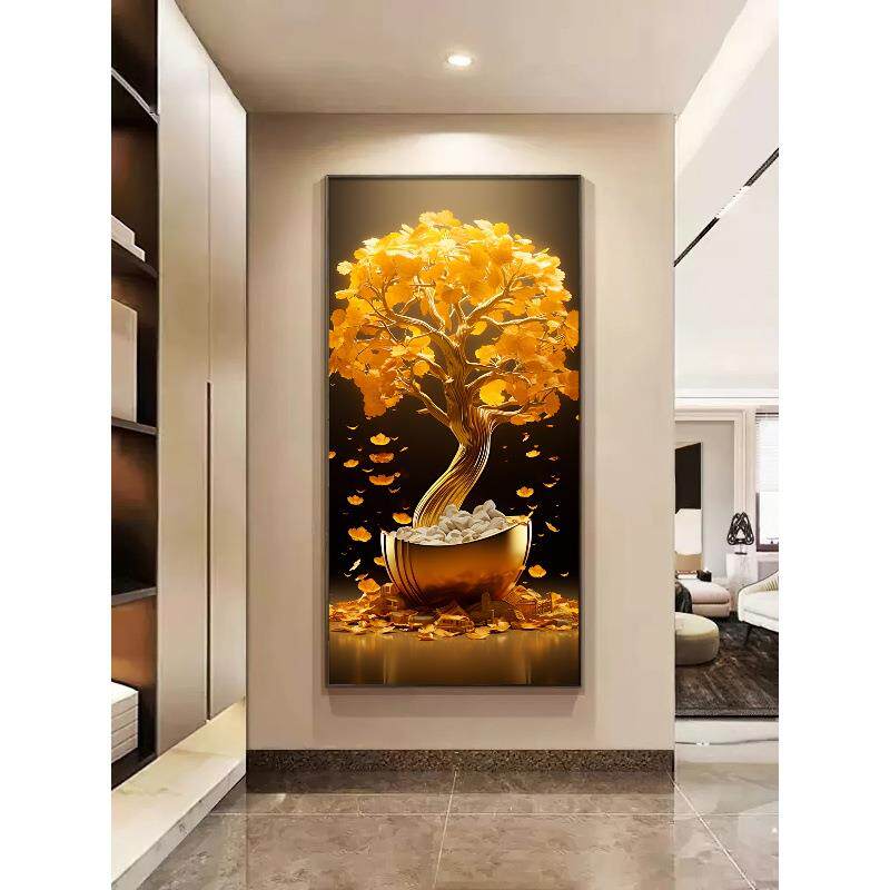 发走财树玄关装版饰画轻奢大气竖好客厅挂画LYSJ2023寓意正对门廊