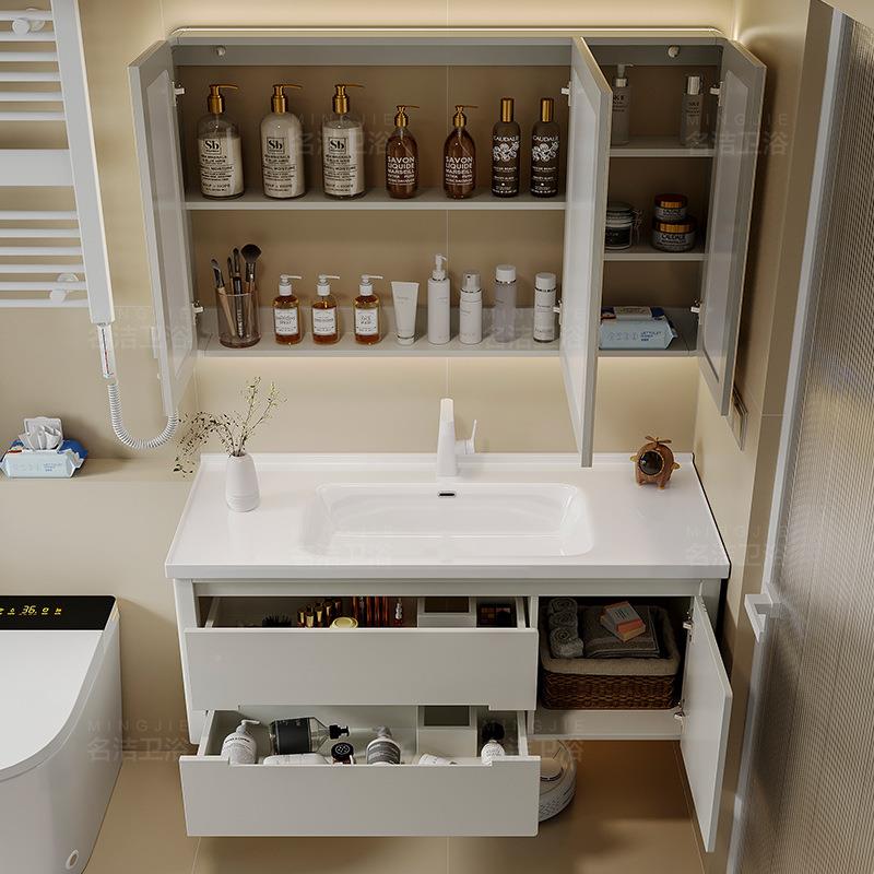 QMM岩板热弯池一盆橡木橡胶木浴柜组合体陶瓷室盆卫生间洗手洗脸