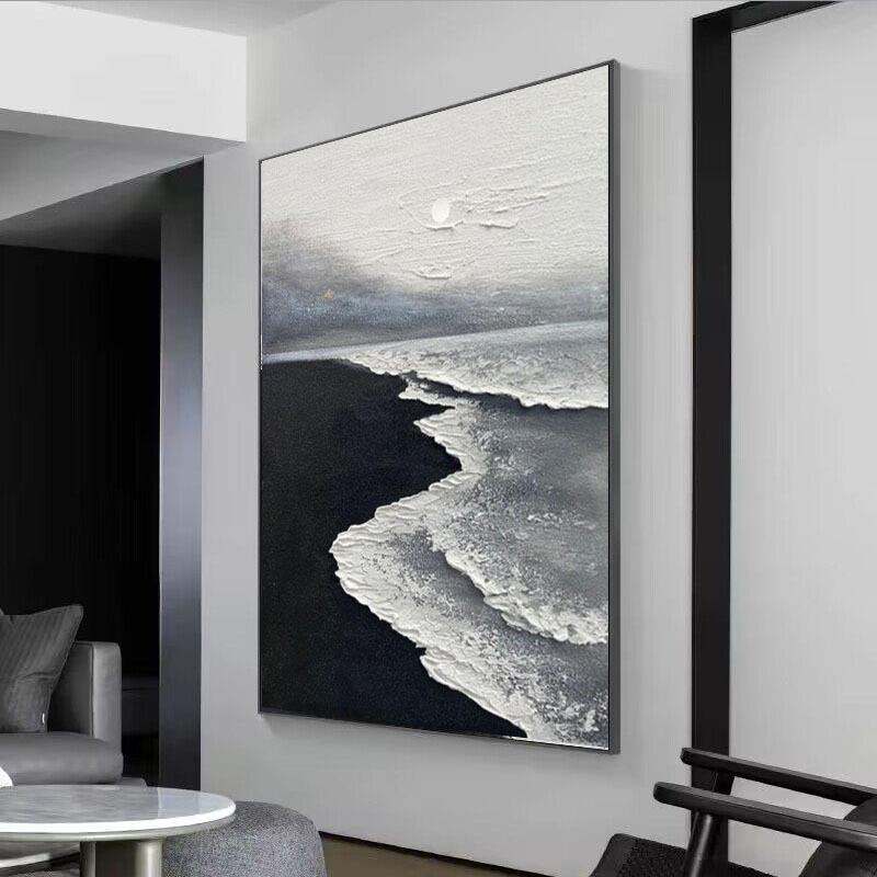 手绘油画海景日出厅客饰VIE画黑白肌理立体玄走廊关挂装画酒店民