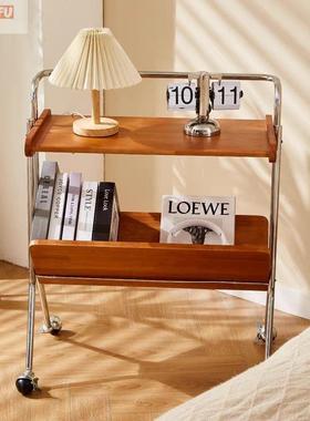 简约现木橡胶木实长方形代物架客厅茶几63522带置滚轮可移动边几