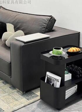 黑色发边沙可动小茶几客厅轻奢小推车铁几艺带移轮玻LWR璃床头柜