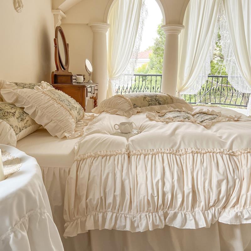 油法式复古轻奢床上四套公主风100纯件棉花边被套KJJ床单床裙奶4