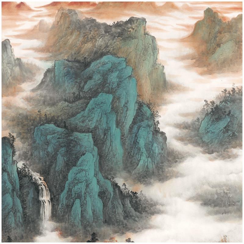 新中式客厅玄关风景饰芯艺术微WG-绿解轴喷名人复制画装字画卷书