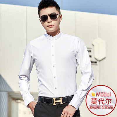中华立领衬衫男长袖白色商务免熨烫正装修身春季圆领中山装男士衬