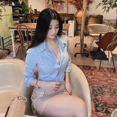 lovingu夏季新款 时尚气质南韩空姐衬衫上衣卡其色高腰绑带包臀裙