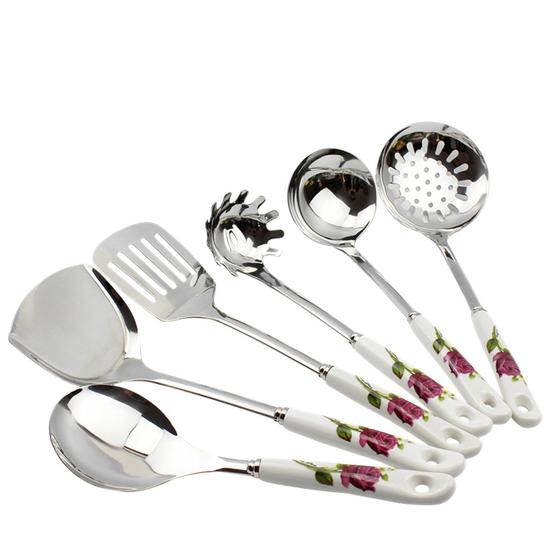 包邮精品韩式陶瓷柄炊具汤勺蓝玫瑰锅铲饭勺漏勺红玫瑰漏铲粥勺