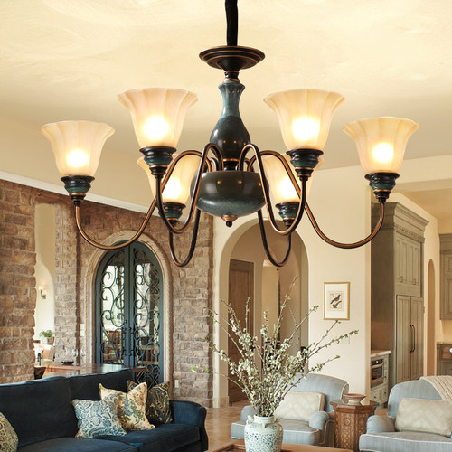 美式吊灯复古餐厅灯简约卧室灯奢华别墅灯具欧式灯饰陶瓷客厅吊灯