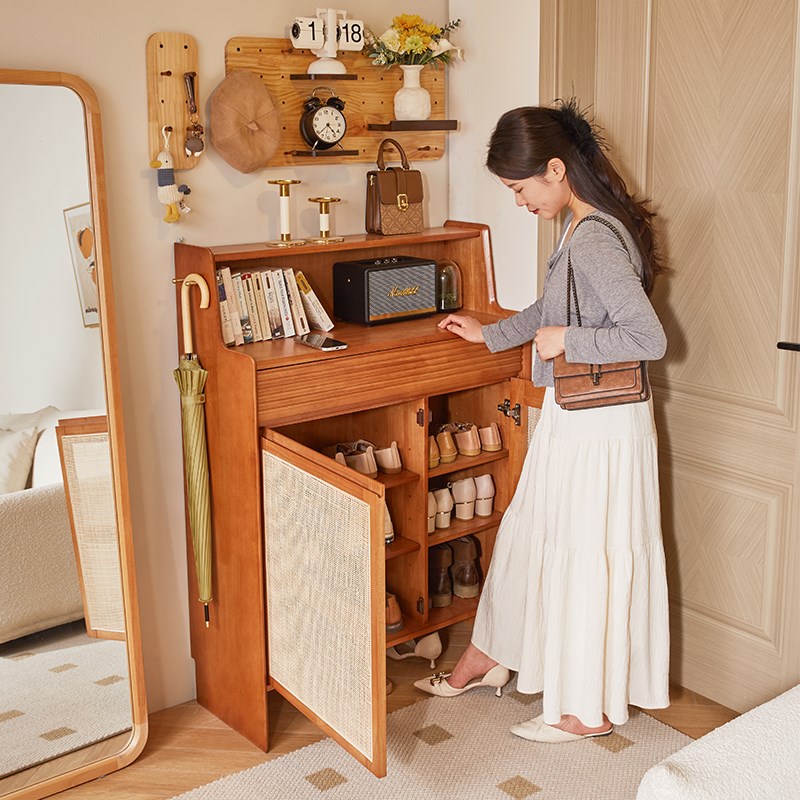 家逸实木藤编鞋柜樱桃木色玄关柜进门柜子门口鞋架家用入户储物柜