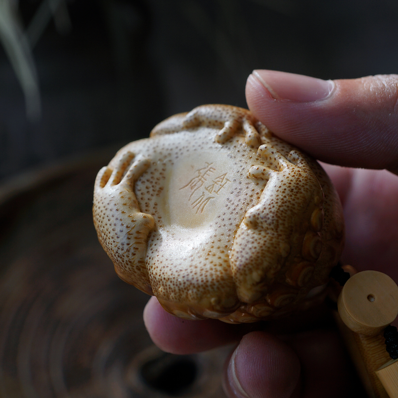 张钰北大眼鹿角镶嵌小金蟾竹根雕刻手把玩件天然招财文玩茶宠摆件