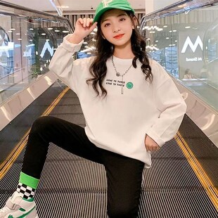 女童长袖t恤秋冬新款中大儿童洋气破洞上衣中长款百搭加绒打底衫