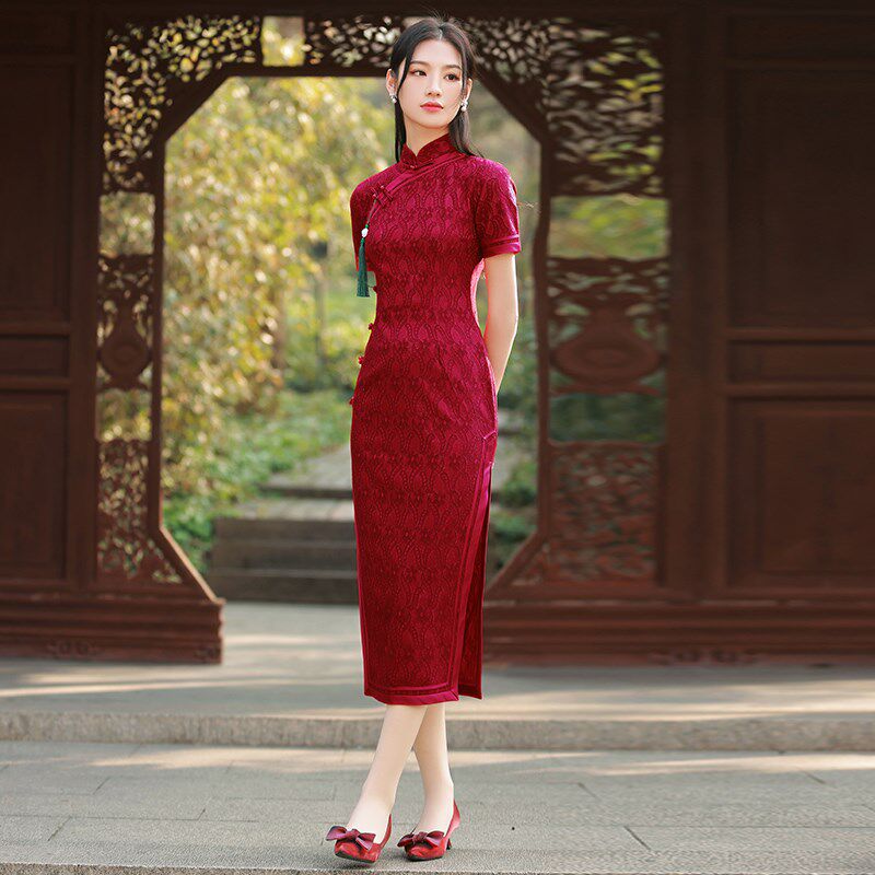 现货速发红色外嫁回娘家旗袍新款2025年礼仪走秀演出表演服装长款