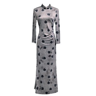 现货速发灰色旗袍中国风年轻款 高级感金丝绒印花优雅气质改良鱼尾