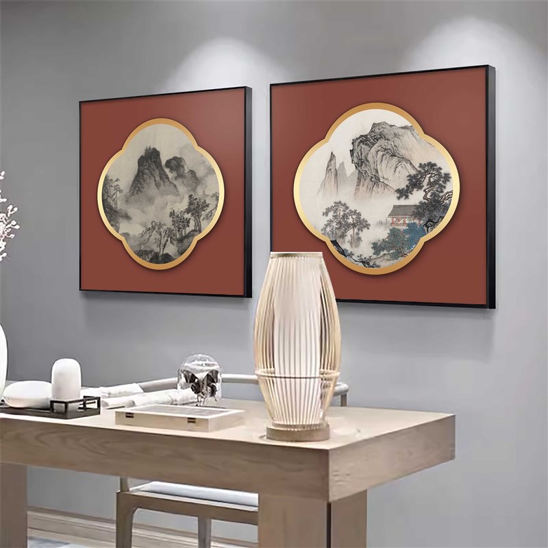 现货速发斗方形山水装饰画大白墙面书房茶室氛围布置挂画高级感玄图片
