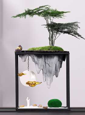 新中式客厅绿植盆栽摆件办公室桌面文竹植物盆景假山酒柜装饰摆设