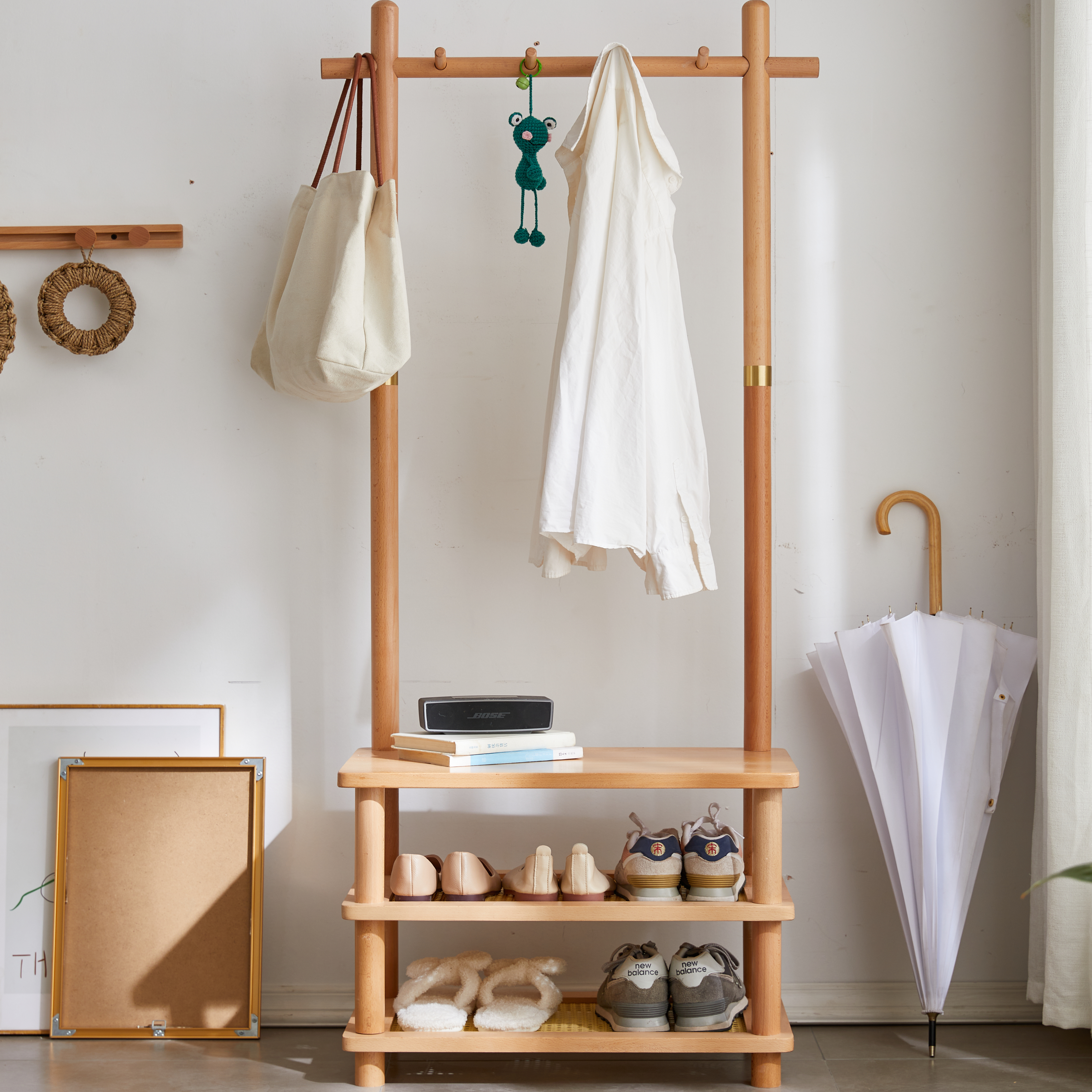 实木衣帽架落地式挂衣架换鞋凳子