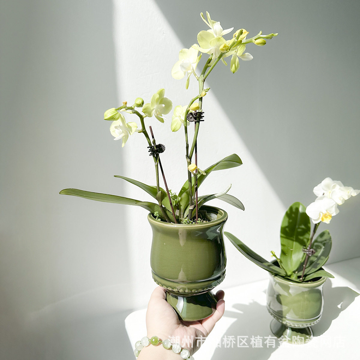 法式高脚陶瓷花盆绿色桌